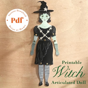 Articulated paper doll printable witch art doll diy movable paper doll for Halloween decor template cut out doll