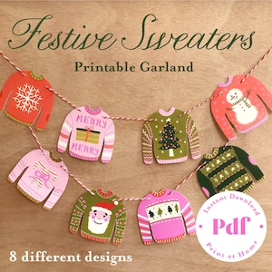 Guirnalda de papel para imprimir 8 diseños sweaters navidad plantilla decoración invernal tejidos festivos pendones de papel ilustrados