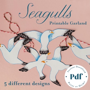 Guirnalda de papel para imprimir 5 diseños gaviotas plantilla aves marinas ilustradas pendones de papel arte pájaros decoración náutica