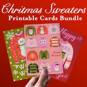 Lot de 3 cartes de Noël imprimables, intérieur vierge, 3 modèles de pulls festifs, tricots d'hiver confortables, illustration originale, lot de 3 cartes de Noël