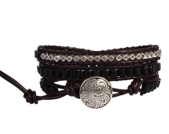 Black agate leather wrap bracelet, beaded wrap bracelet, leather bracelet, gemstone leather wrap bracelet, agate boho bracelet