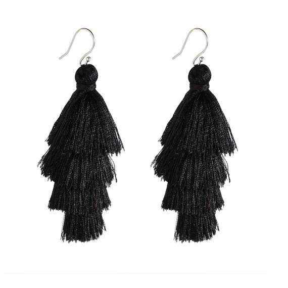 Four Layered Black Tassel Earrings With Sterling Silver Ear Etsy