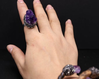 Amethyst Ring,Nature Stone Ring,Purple Druzy Ring,Raw Quartz Ring,Amethyst Silver Ring,Silver Knuckle Ring Personalized Stackable Ring