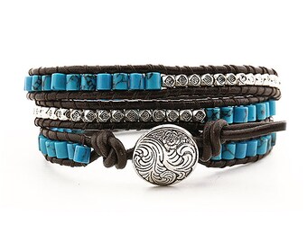 African turquoise leather wrap bracelet, beaded wrap bracelet, leather bracelet, gemstone leather wrap bracelet, turquoise boho bracelet