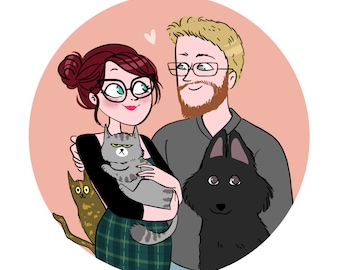 Personalized couple portrait with animals - cartoon style