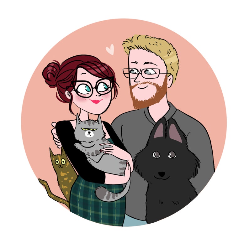 Personalized couple portrait with animals cartoon style image 1
