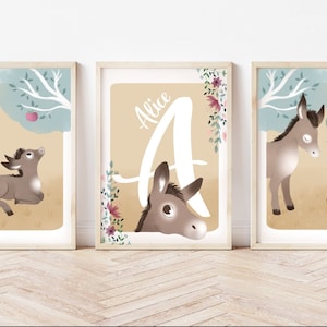 Set of 3 personalized posters - Donkey motif - little girl