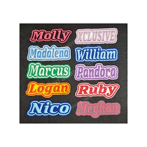 May include: A set of ten colourful iron-on name patches with names including Molly, Exclusive, Madalena, William, Marcus, Pandora, Logan, Ruby, Nico, and Meghan.
