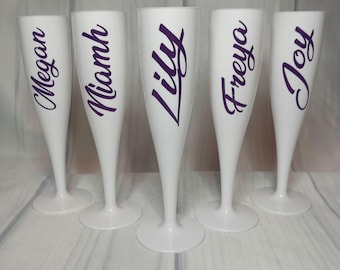 Personalised White Plastic Champagne Flute OR Sticker, Hen Party Favour F3