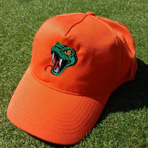 May include: An orange baseball cap with a green snake embroidered on the front. The snake has a yellow eye and an open mouth with a red tongue.