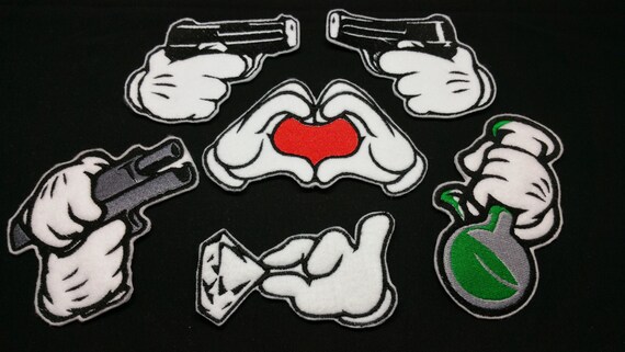 Badge Iron on or Sew On Mickey 2 Fingers Embroidered Patch