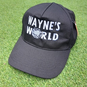 Wayne's World Embroidered Base Ball Cap, Hat, Trucker Cap, Black and White Logo