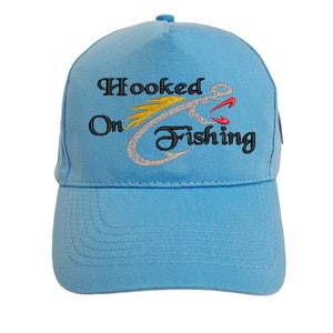 Hooked On Fishing Embroidered Base Ball Cap Hat in 15 Colours and 25 Thread Colours