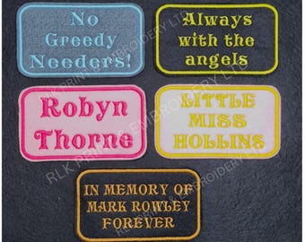 Personalised Embroidered Name Patch, Custom Iron On/Sew On Badge Oblong