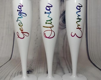 Personalised Champagne Flutes OR Stickers, White Plastic Prosecco Flute, Bridesmaid Gift