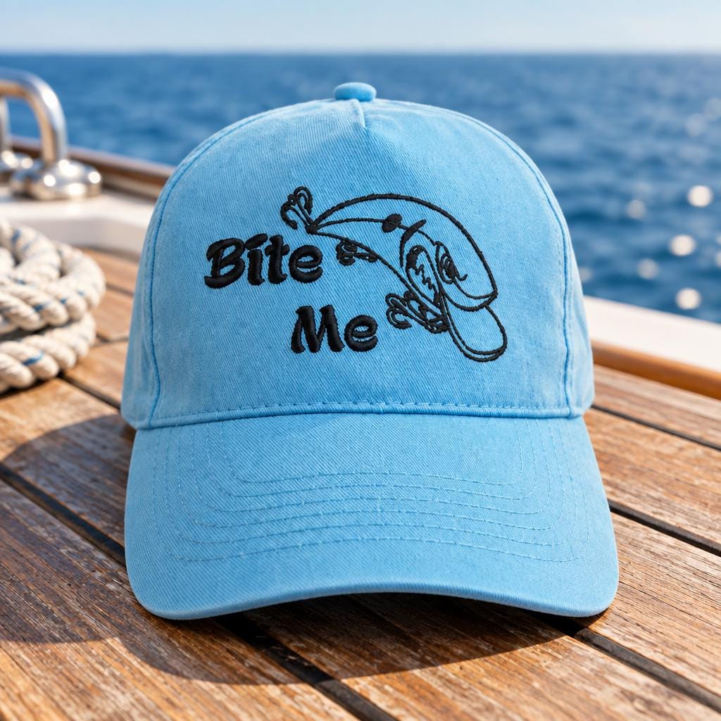 Bite Me Fishing Embroidered Baseball Cap Hat in 15 Colours and 25