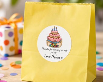 Birthday Cake Personalised Round Gift Bag, Sticker Label Seal Sweet Cone in 4 Sizes