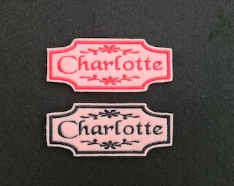 Personalised Embroidered Name Patch Badge Rectangle with Flowers Iron on or sew