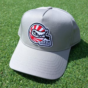 May include: A gray baseball cap with a flat brim. The cap features a patch with a ninja graphic and the text "JDM MANIAC" in white. The ninja graphic has a red and white design.
