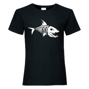 May include: Black t-shirt with a white graphic of a fish skeleton with sharp teeth. The design is centered on the front. The shirt has short sleeves and a crew neck.