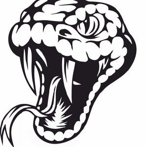 May include: A monochrome illustration of a snake's head, featuring an open mouth with prominent fangs and a forked tongue. The graphic design is a striking representation of a snake, suitable for various applications.
