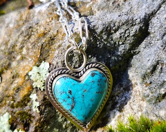 Turquoise Heart Pendant - Sterling Silver, Hubei Turquoise, Blue, Handmade