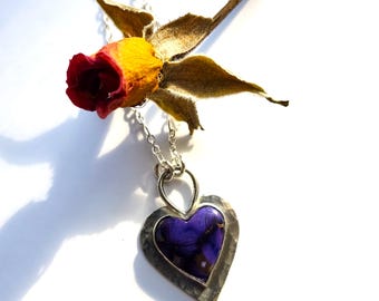 Sweet Purple Dahlia Turquoise Pendant - Sterling Silver, Heart, Shades of Purple and Violet, Bronze Infused, Handmade