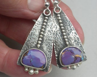 Mojave Turquoise Earrings, Sterling Silver, Turquoise, Purple, Freeform Triangle, Hammered, Dangling, Handmade