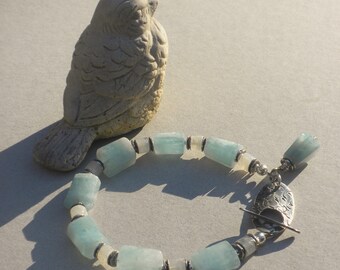 Aquamarine and Moonstone Bracelet - Sterling Silver Accents, Faceted Aquamarine, Light Blue, Rainbow Moonstone, Handmade Toggle