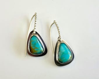 Turquoise Earrings - Sterling Silver, Tyrone Turquoise, Blue, Teardrops, Dangling, Handmade