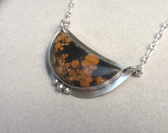 Rare Tiger Magnesite Pendant - Sterling Silver, Magnesite, Black, Honey-Colored, Halfmoon Shape, Handmade