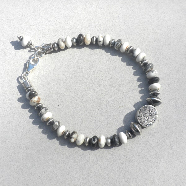 Natural White Buffalo Turquoise Bracelet - Sterling Silver, Genuine White Buffalo Beads, Navajo Beads, Oval Focal Bead, Handmade