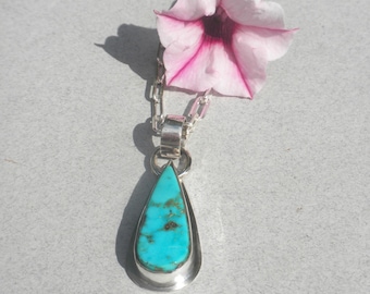 Sweet Morenci Turquoise Pendant - Sterling Silver, Turquoise, Deep Blue-Green, Slim Teardrop, Handmade