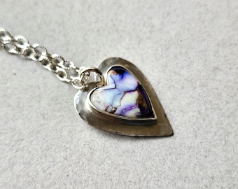 Purple Dahlia Turquoise Pendant - Sterling Silver, Heart, Shades of Purple and White, Bronze Infused, Handmade