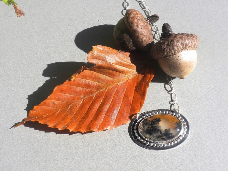 Agate Brown Scenic Translucent Beautiful Dendritic Moss Agate Pendant Black Partially Oxidized Sterling Silver Oval