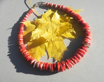 Gorgeous Large Spiny Oyster Necklace - Sterling Silver, Natural Spiny Oyster, Red, Orange, White, Graduated Rondelle Beads, Handmade