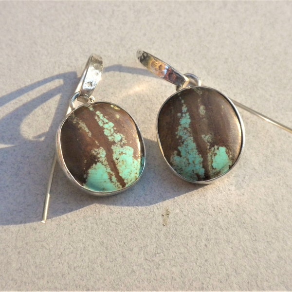 Bold Turquoise Earrings, Sterling Silver, #8 Mine Turquoise Cabochons, Freeform, Long Handmade Ear Wires, Dangling