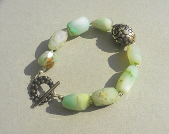 Raw Faceted Chrysoprase Bracelet with Silver Accents - Sterling Silver, Chrysoprase, Seafoam Color, Raw Faceted Beads, Handmade Toggle Clasp