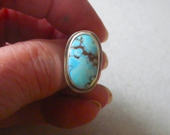 Golden Hills Turquoise Ring - Sterling Silver, Turquoise, Oval, Shades of Blue, Horizontal Setting, Hammered Band, Handmade