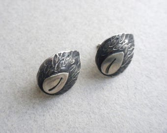 Leaf Stud Earrings - Sterling Silver, Leaves, Textured, Organic, Rustic, Partially Oxidized, Handmade