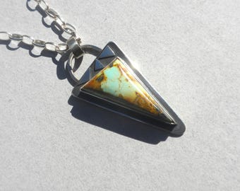 Unique Iron Maiden Turquoise Pendant - Sterling Silver, Turquoise, Green, Toffee, Triangular, Partially Oxidized, Contemporary, Handmade