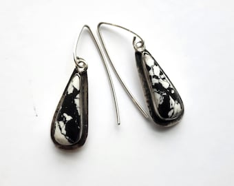 White Buffalo Turquoise Earrings - Sterling Silver, Turquoise, White, Black, Long, Teardrop Shape, Handmade