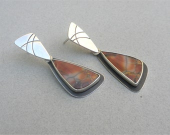 Lovely Opalized Petrified Wood - Stud Earrings, Sterling Silver, Opalized Wood, Fox-Red, Butterfly Wing Shape, Handmade