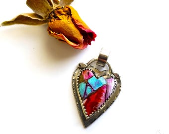 Sweet Mohave Turquoise Pendant - Sterling Silver, Small Heart, Shades of Blue, Purple, Red, Handmade