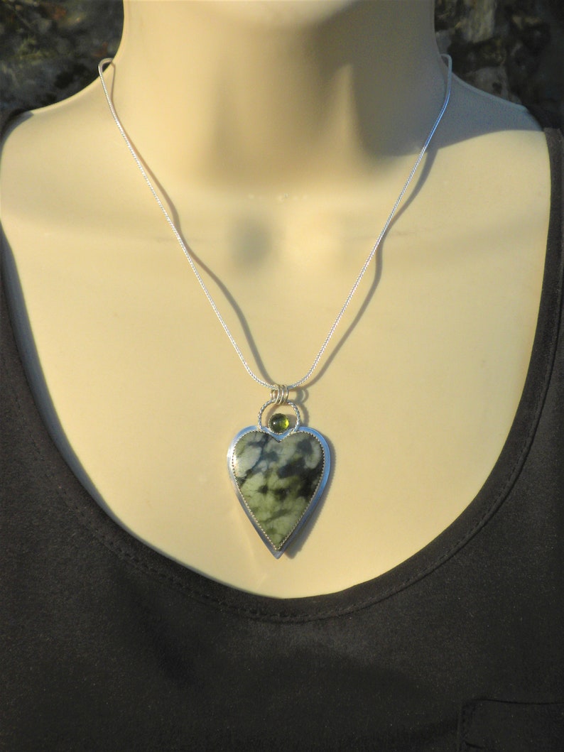 Tourmaline Valentines Gift Jade Shades of Green Pendant Sterling Silver Cutout on Back Bamboo Forest Jade and Tourmaline Heart