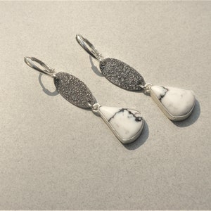 White Buffalo Turquoise Earrings - Sterling Silver, White Buffalo, White, Black, Freeform Triangles, Dangling, Handmade