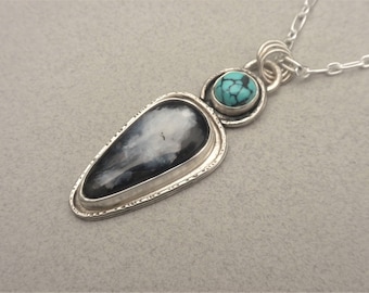 White Buffalo and Hubei Turquoise - Pendant, Sterling Silver, Turquoise, Black, White, Blue, Patina, Handmade