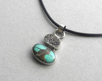 Hubei Turquoise Pendant - Sterling Silver, Turquoise, Blue-Green, Hollow Silver Bead with Leaf Texture, Freeform, Handmade