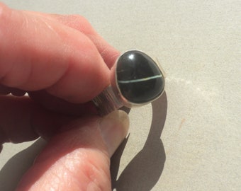 Ribbon Boulder Turquoise - Ring, Sterling Silver, Turquoise, Freeform, Black, Robin's Egg Blue, Hammered Band, Handmade