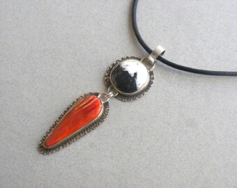 White Buffalo and Spiny Oyster Pendant - Sterling Silver, White Buffalo, Oval, Black, White, Spiny Oyster, Teardrop, Red, Patina, Handmade